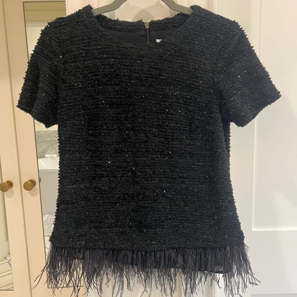 Chic Black Tweed Top with Feathered Hem